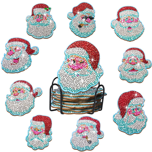 Diamond Painting Onderzetters Kerst Set – 10 Stuks met Houder - Kerstman