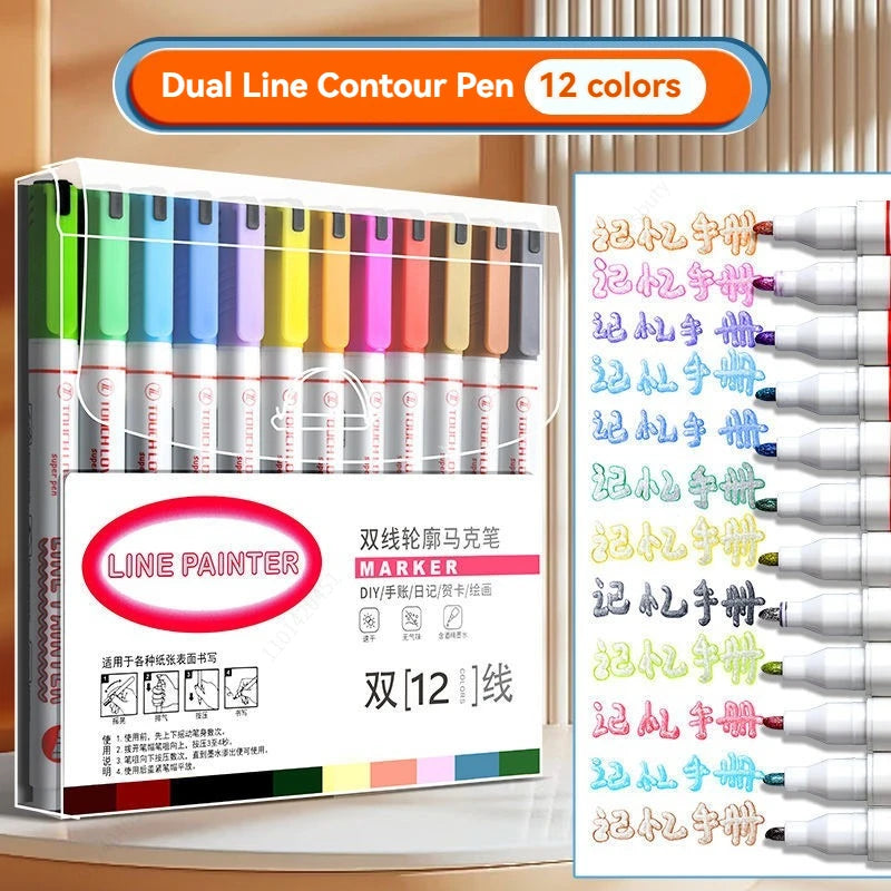 Stiften set Dubbele Lijn Outline Art Pens 8, 12 of 24 Kleuren