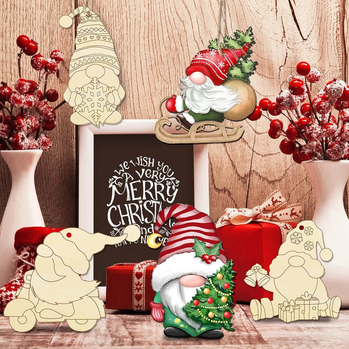 Houten figuur om zelf te kleuren/schilderen – 12 kerstgnomen hangdecoratie