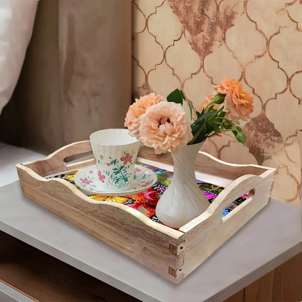 Diamond Painting Dienblad Vlinders met Houten Handgreep voor Strass Steentjes