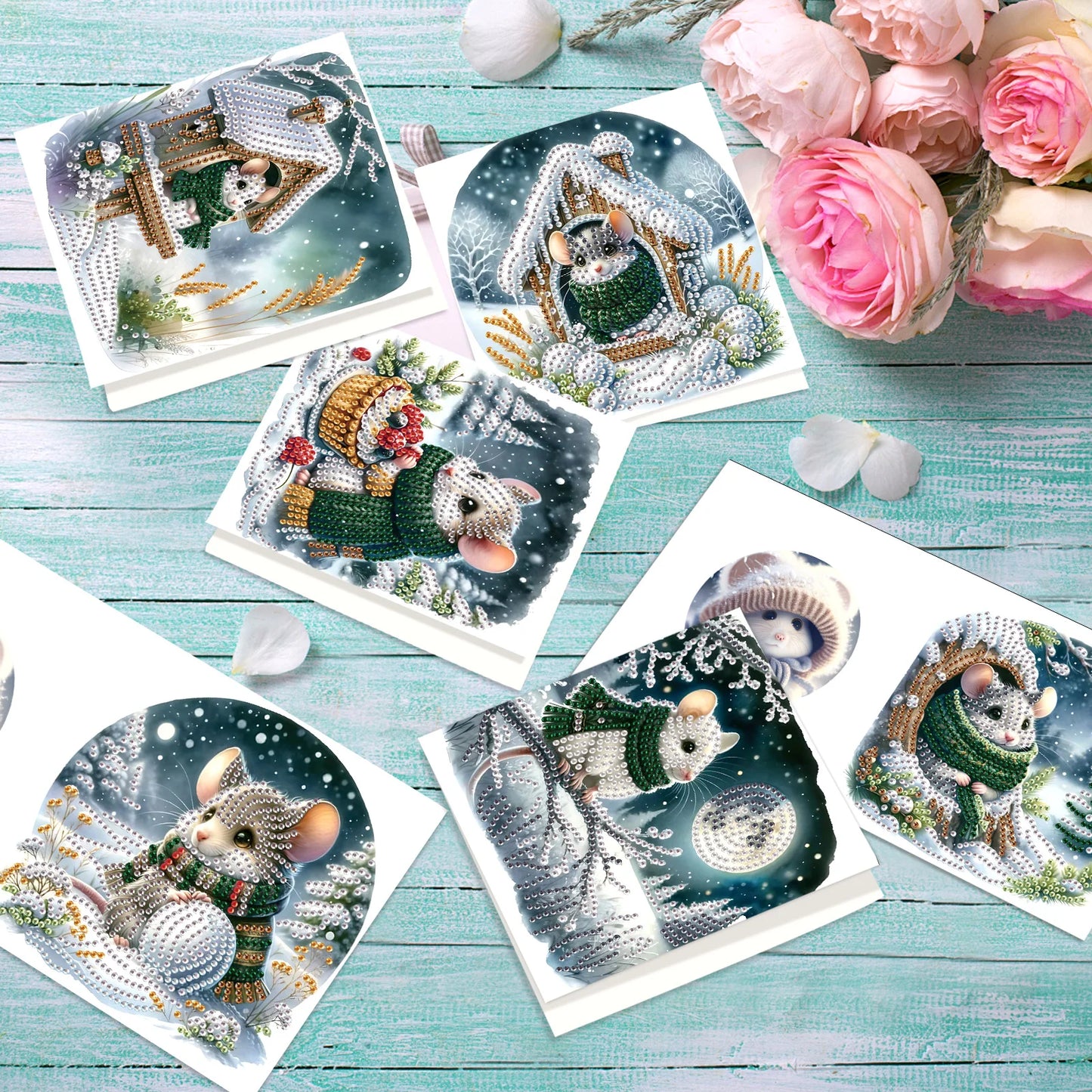 Diamond Painting Kerstkaarten set met muis en feestelijke ontwerpen