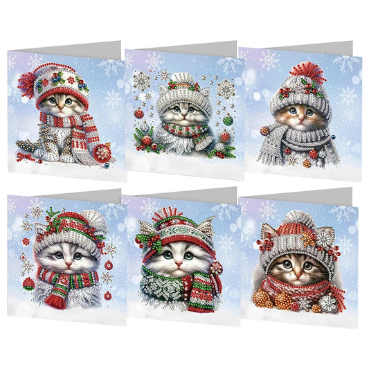 Diamond Painting Kerstkaarten Set - Kerst Katten - 6 Stuks
