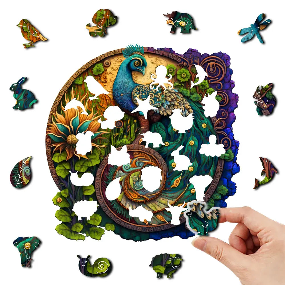 Houten figuren puzzel pauw – kleurrijke houten legpuzzel voor jong en oud