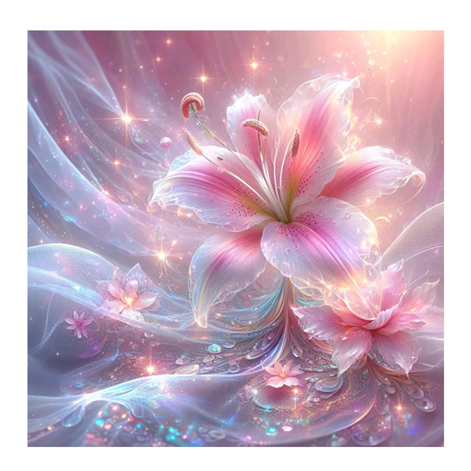 AB Diamond Painting met Fairy dust steentjes Roze Lelie Bloemen