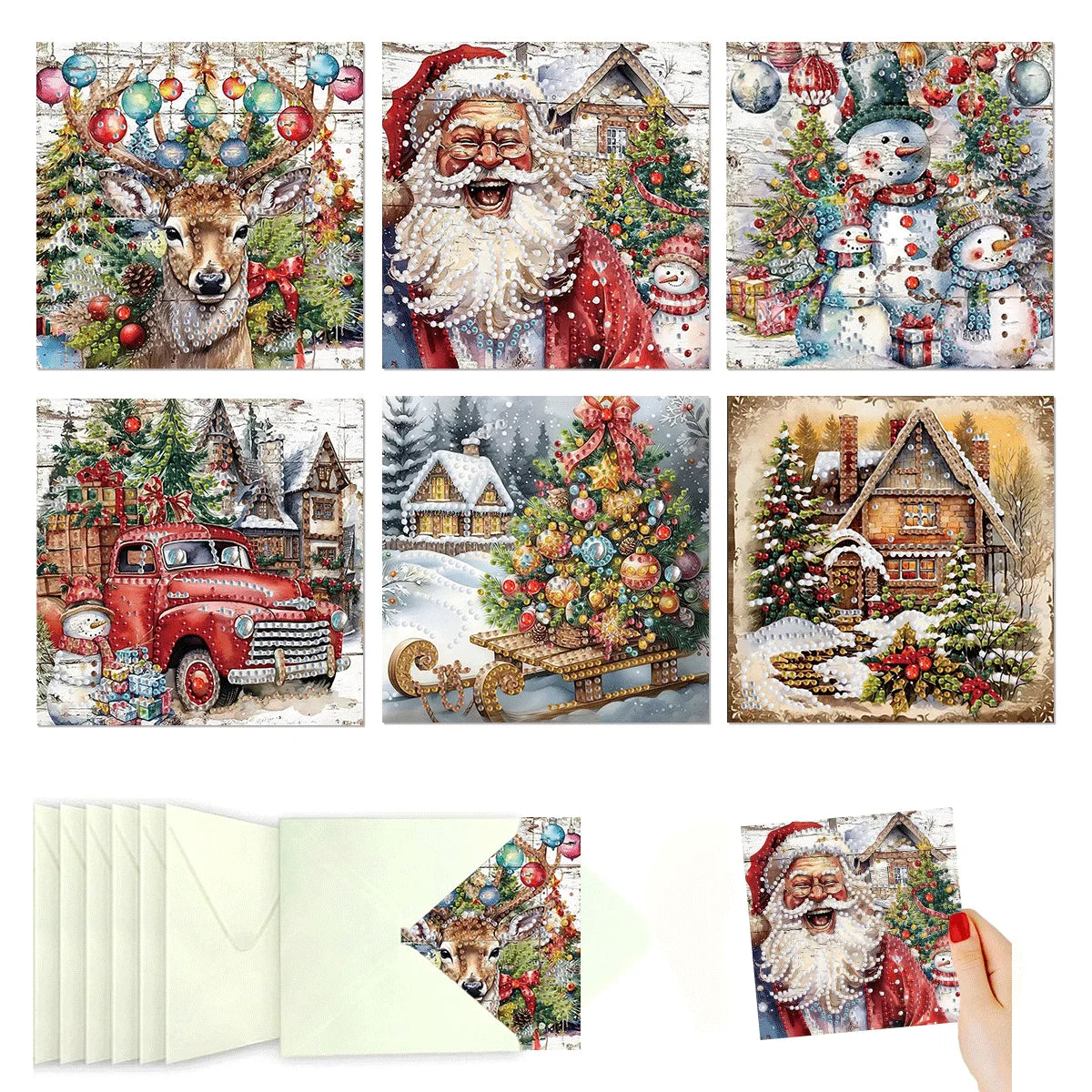 Diamond Painting Kerstkaarten set – 6 feestelijke wenskaarten - HK027