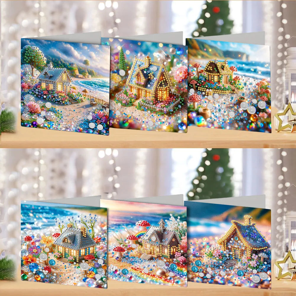 Diamond Painting Wenskaarten set Strandhuisjes – 6 kaarten