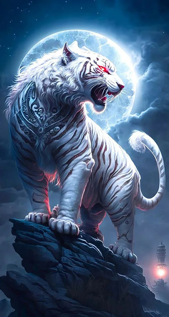 AB Diamond Painting op canvas - Tijger bij Sakura boom en maan