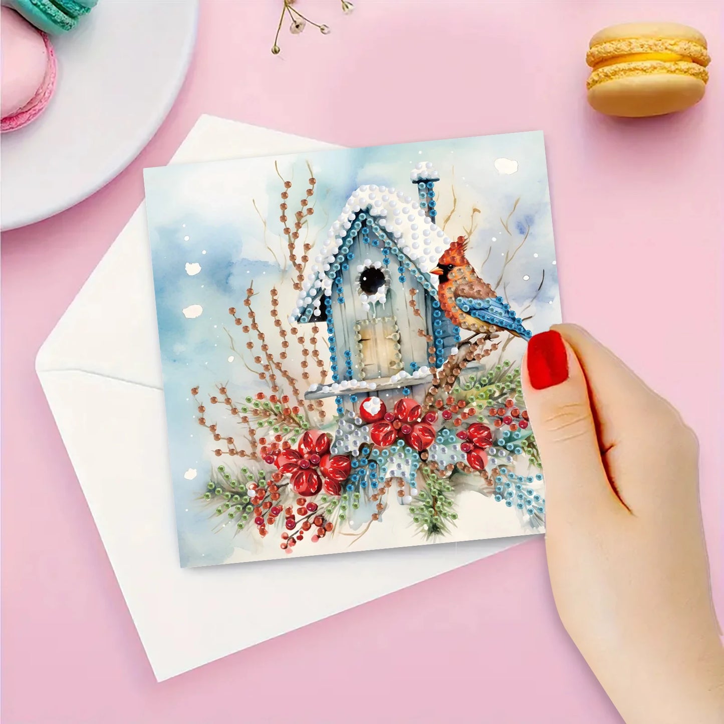 Diamond Painting Kerstkaarten set vogels en huisjes – creatieve wenskaarten