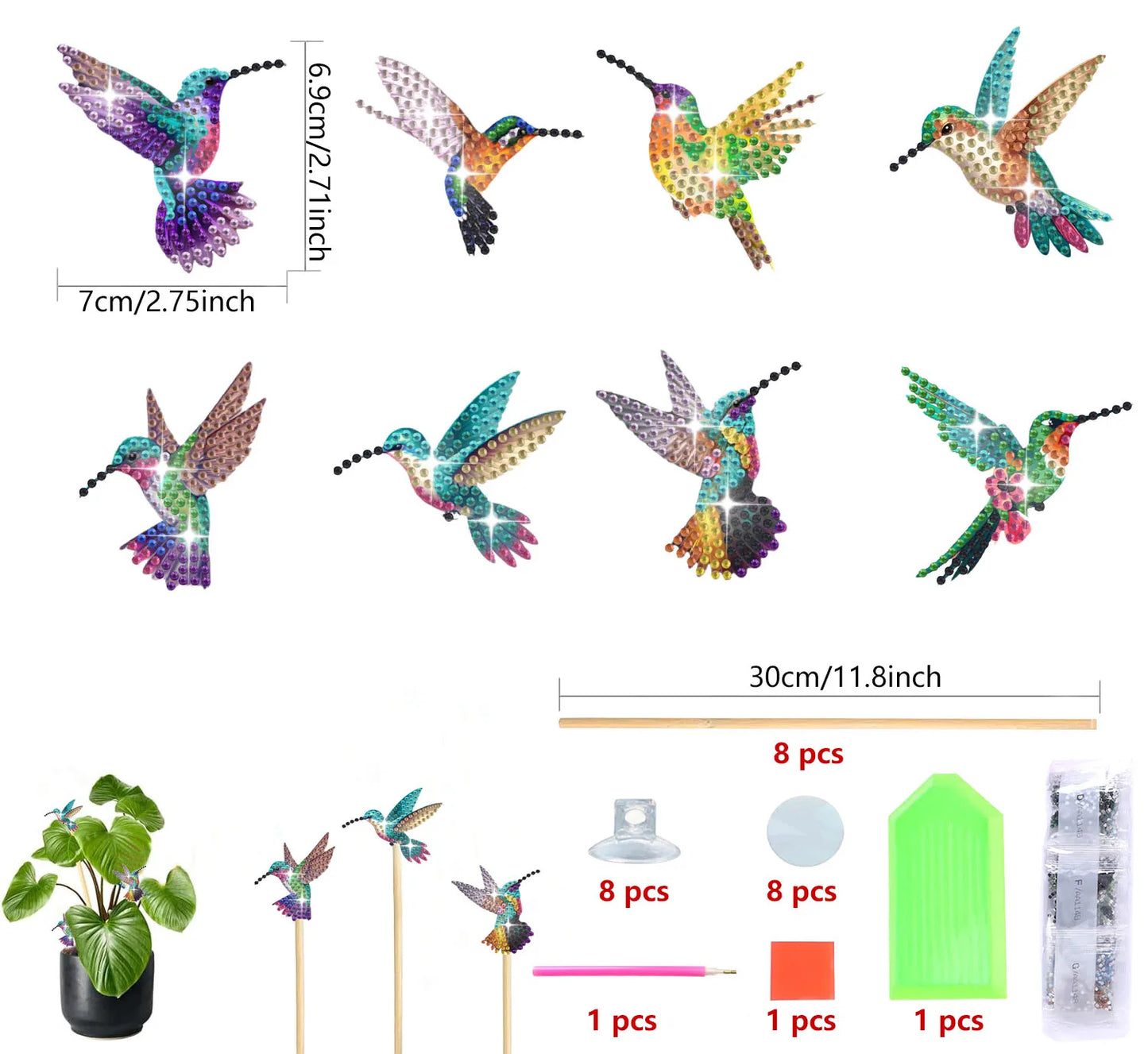 Diamond Painting Plantenstekers Kolibrie Set van Acht voor Potten