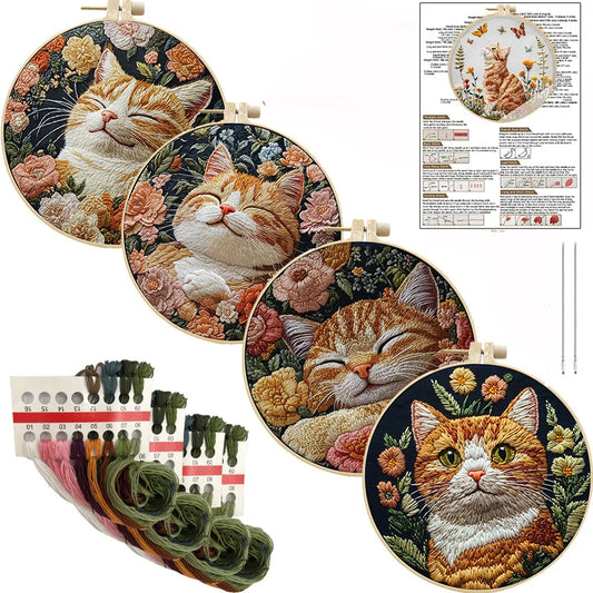 Borduurpakket rond kat en bloemen zwart patroon voor wanddecoratie