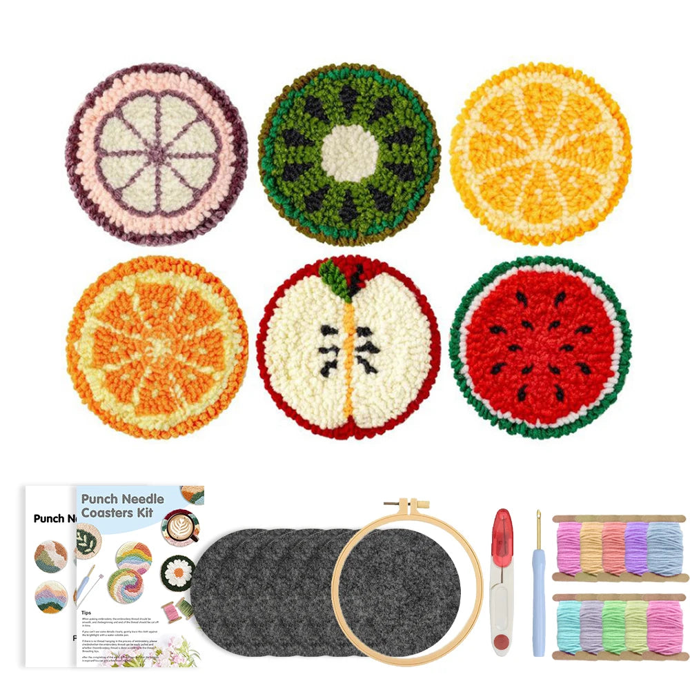 Punch Needle pakket Fruit onderzetters complete startersset 6-delig