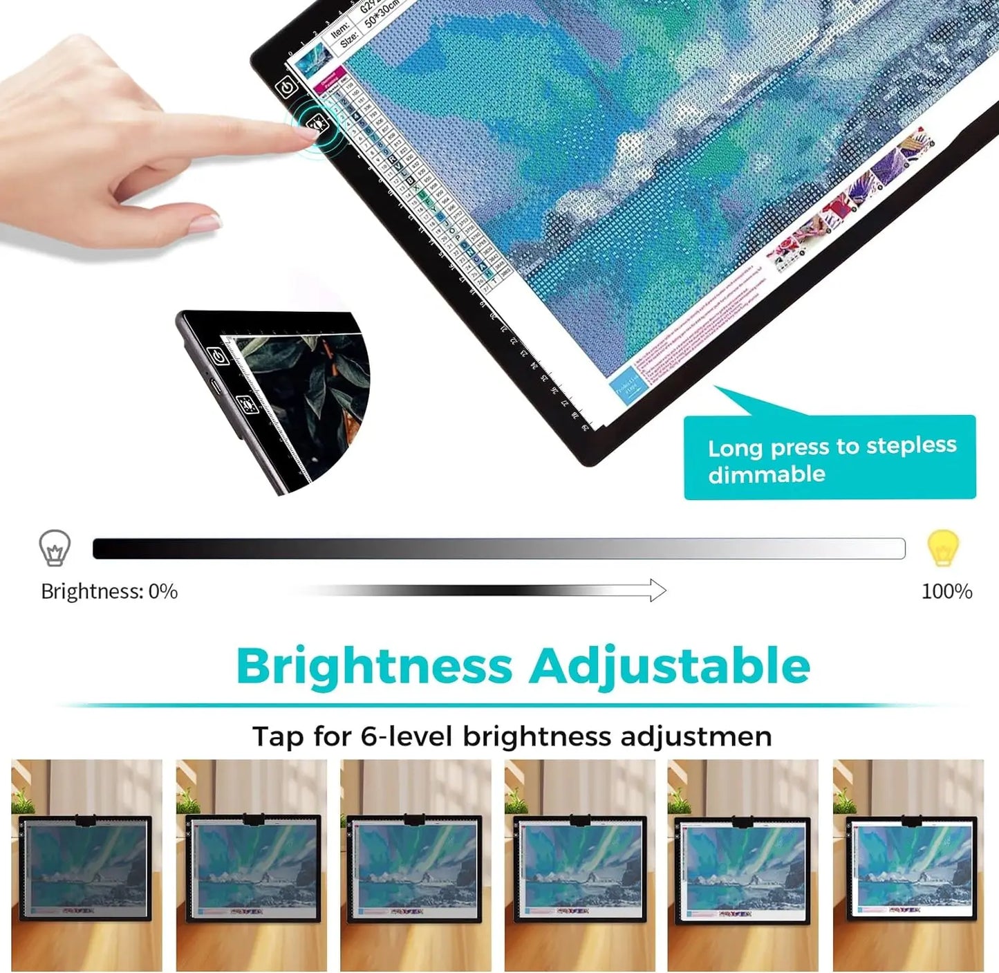 Diamond Painting Lightpad A3 – Draadloos Oplaadbare LED Tekenplaat met 3 Kleuren & Traploos Instelbare Helderheid