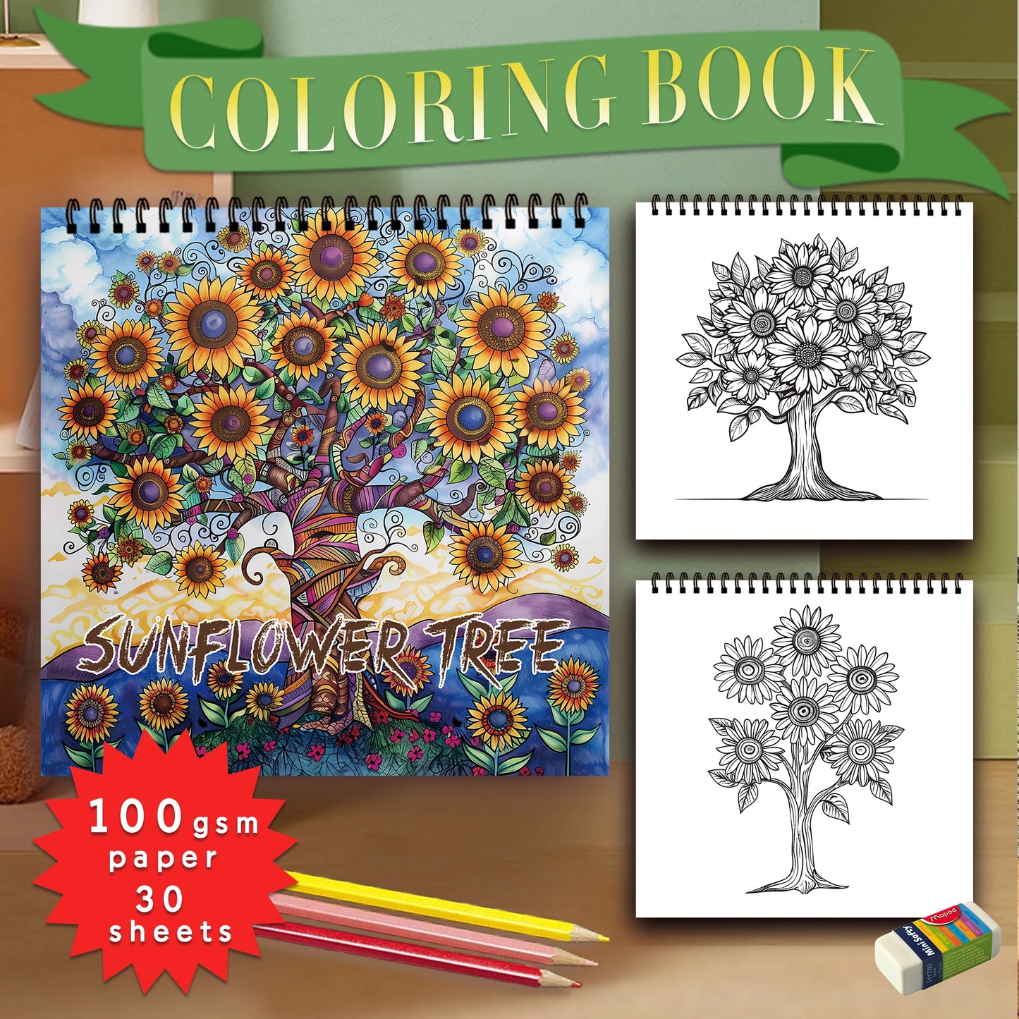 Kleurboek voor volwassenen – 30 rustgevende tekenpagina’s op dik papier - Sunflower tree