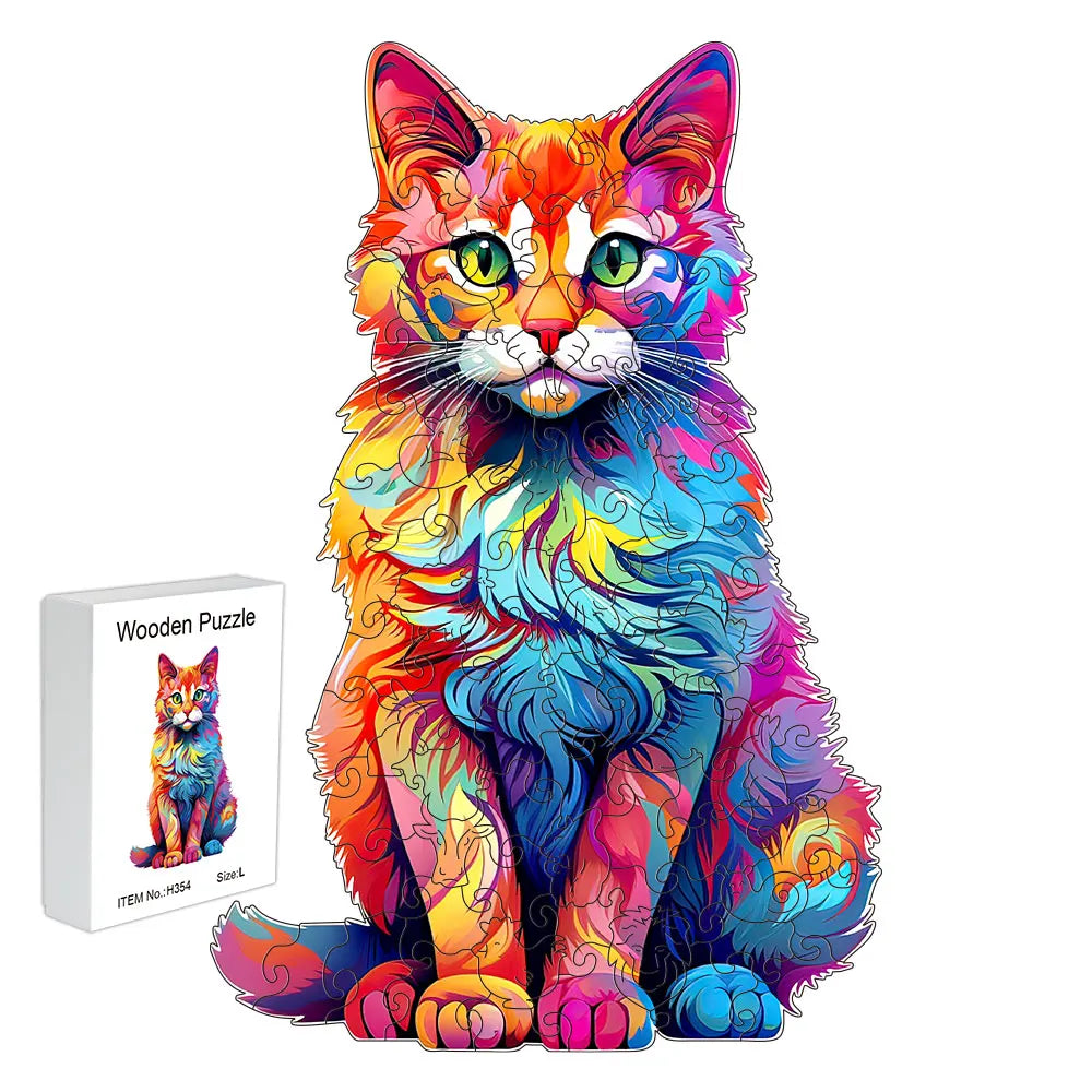 Houten figuren puzzel Kat kleurrijk – cadeau in luxe gift box