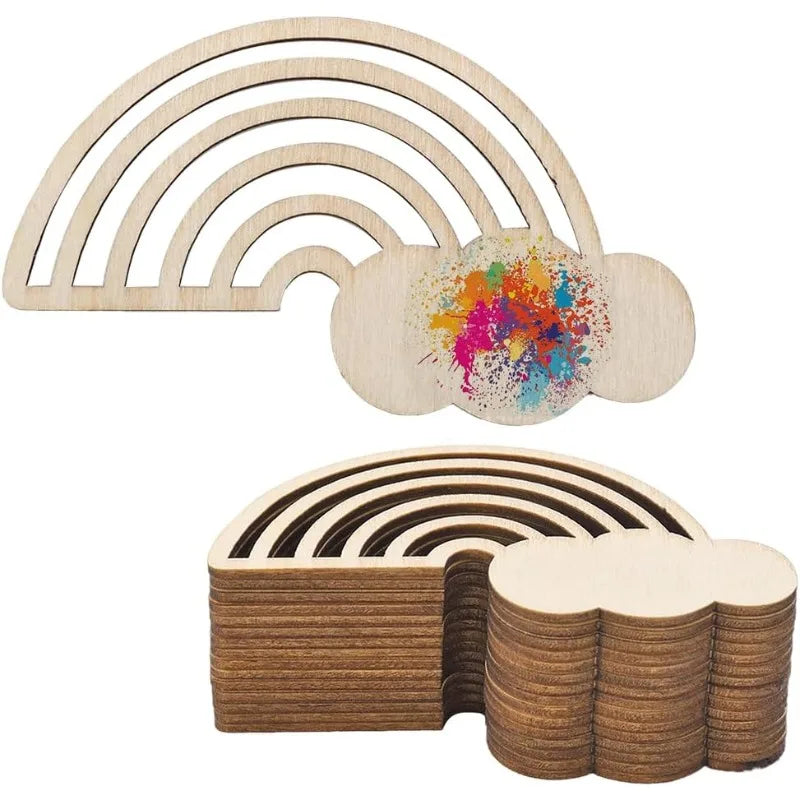 Houten figuren om zelf te kleuren – Regenboog wolk hangers set