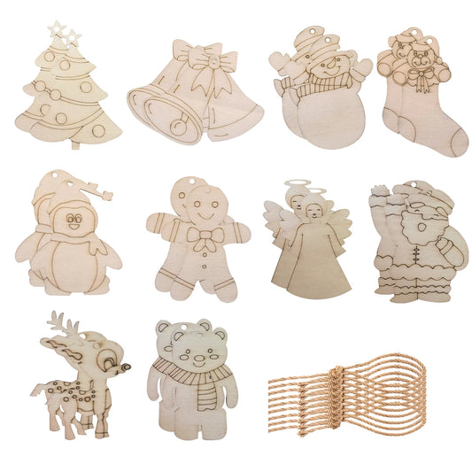 Houten figuur om zelf te kleuren/schilderen – kerstornamenten set (10 stuks)