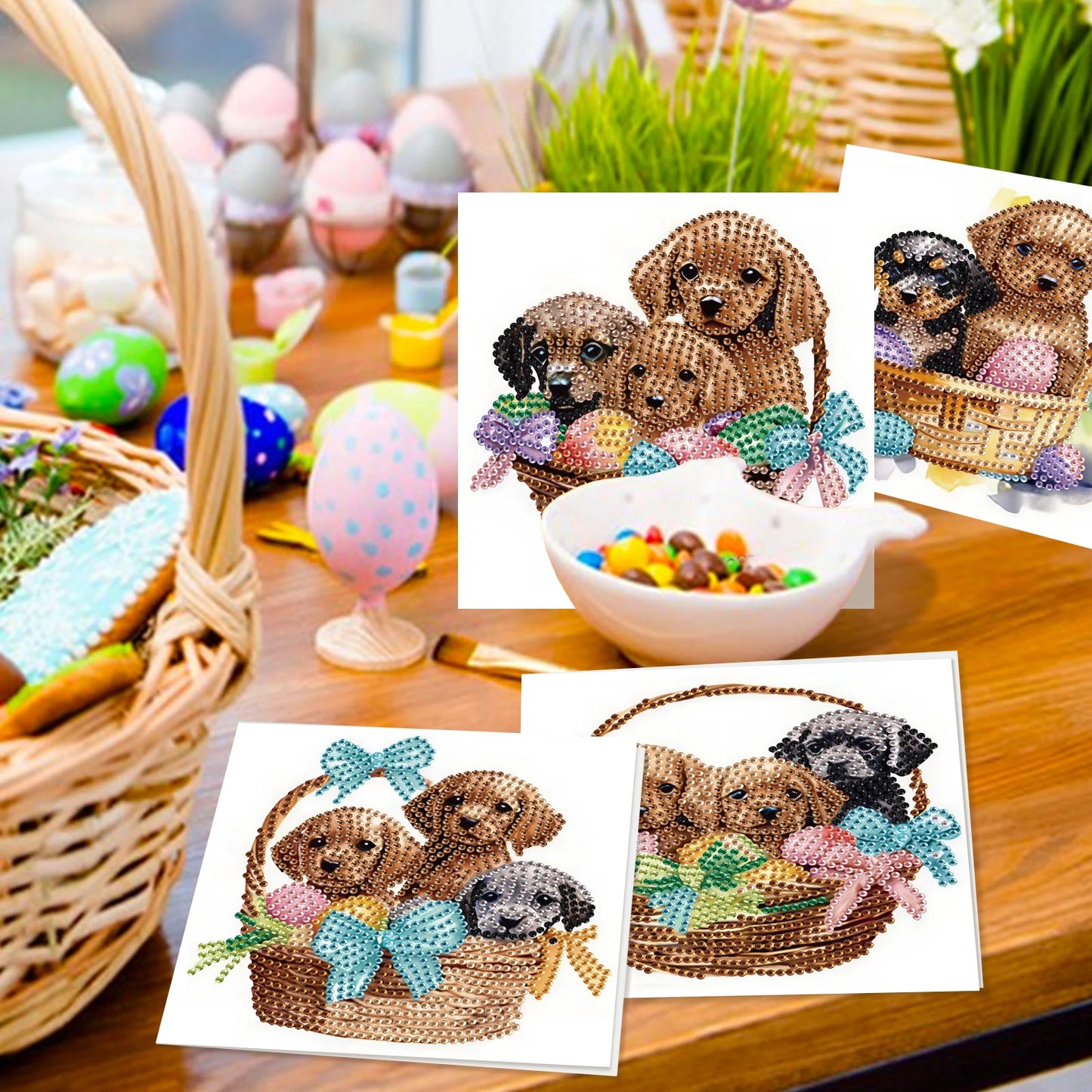 Diamond Painting Wenskaarten Pasen – Schattige Puppy Set met Diamanten