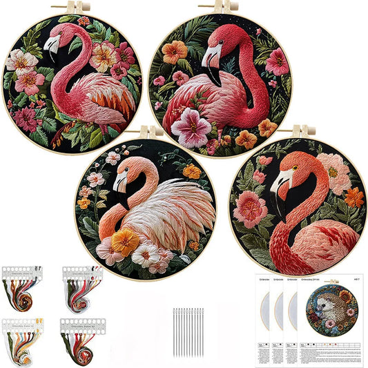 Borduurpakket rond - Flamingo bloemen starterset met patroon en accessoires