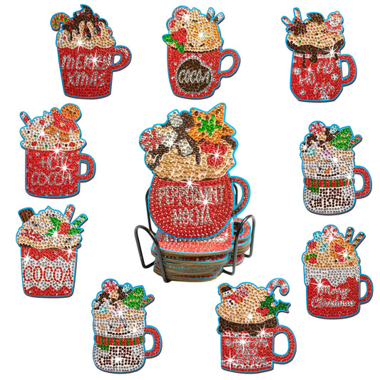 Diamond Painting Onderzetters Kerst Set – 10 Stuks met Houder - Kopjes