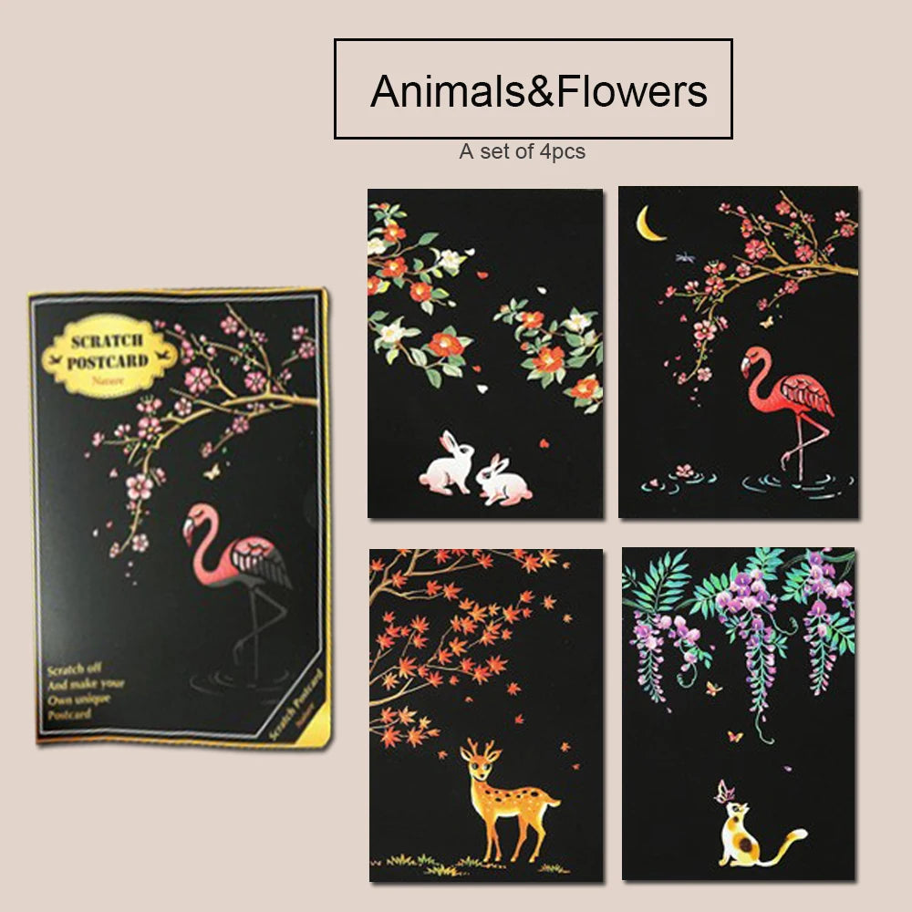 Krastekening Nachtelijke Stadsgezichten Set van 4 Kleurrijke Kaarten