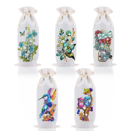 Diamond Painting Flessen hoes Uil & Bloemen Wijnfles Zak