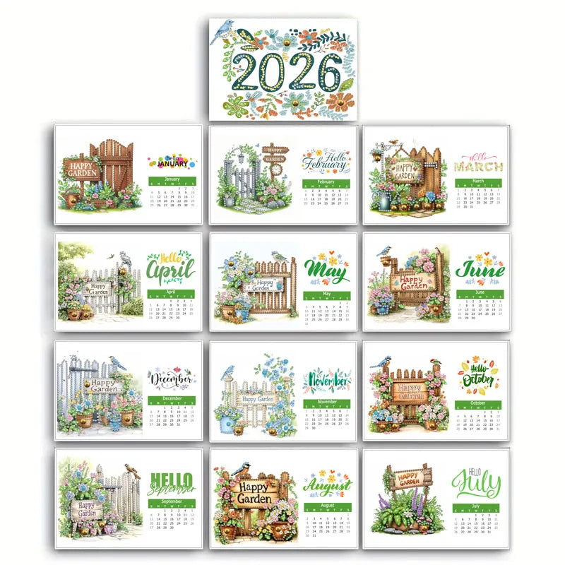 Diamond Painting Kalender met Bloementhema – Handgemaakte Bureaukalender met 13 Pagina’s