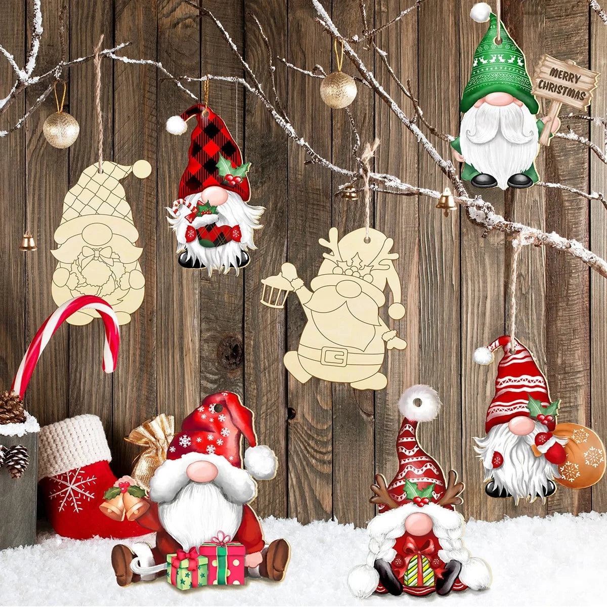 Houten figuur om zelf te kleuren/schilderen – 12 kerstgnomen hangdecoratie
