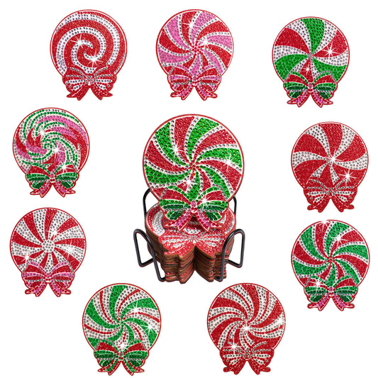 Diamond Painting Onderzetters Kerst Set – 10 Stuks met Houder - Snoep