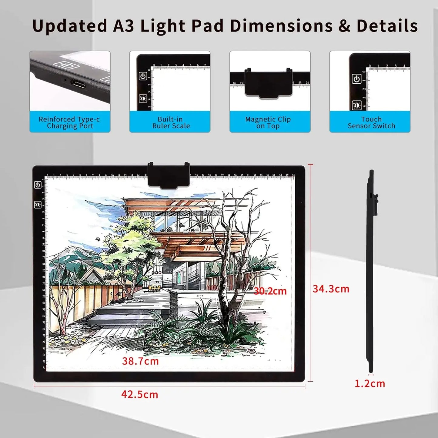 Diamond Painting Lightpad A3 – Draadloos Oplaadbare LED Tekenplaat met 3 Kleuren & Traploos Instelbare Helderheid