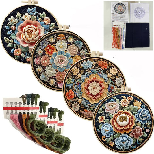 Borduurpakket rond - Retro bloemenpatroon compleet met garen en naald