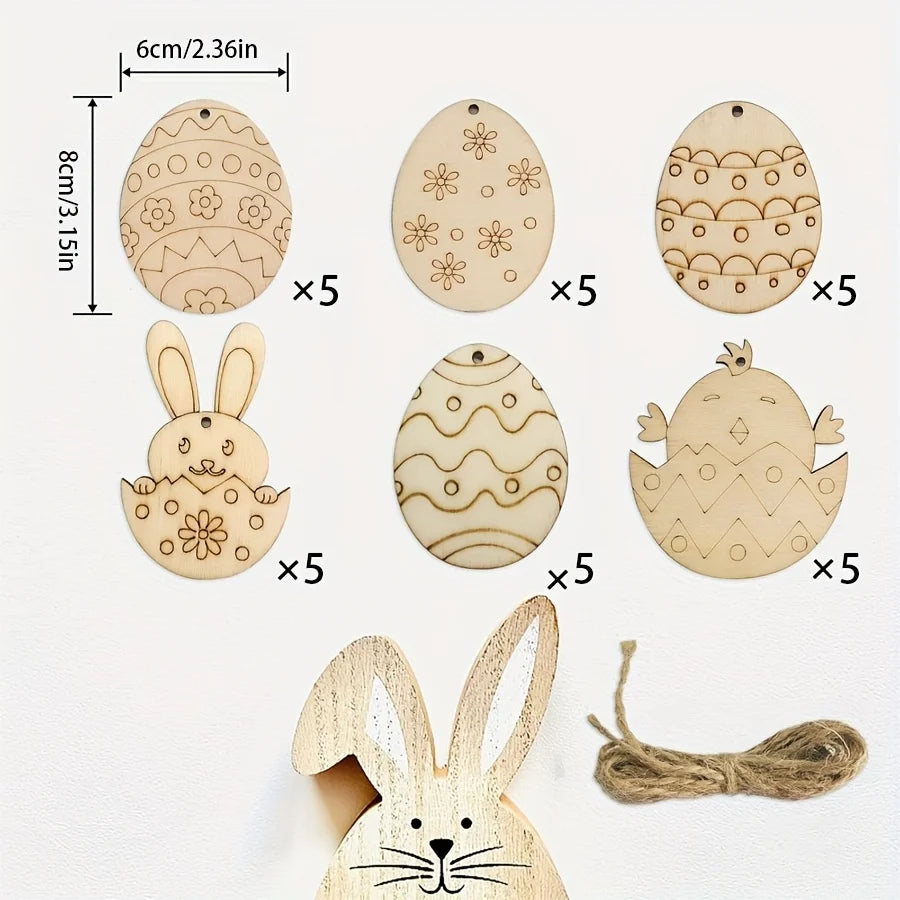 Houten Paas figuren om zelf te kleuren/schilderen – 30 Houten Hangers met Konijnen en Eieren