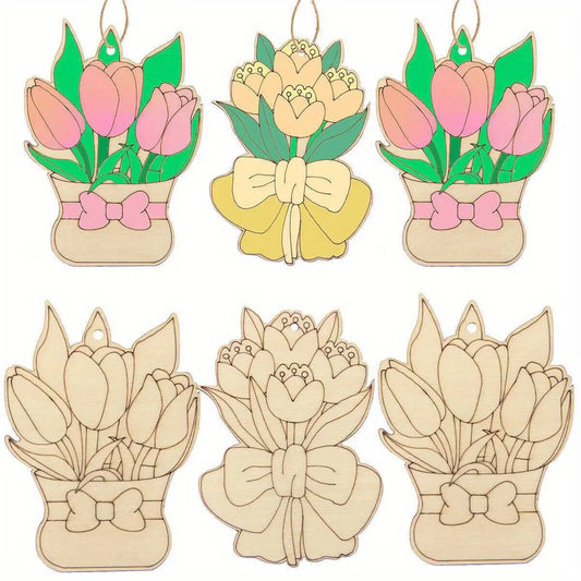 Houten figuren om zelf te schilderen/kleuren – bloemen hangers set van 10