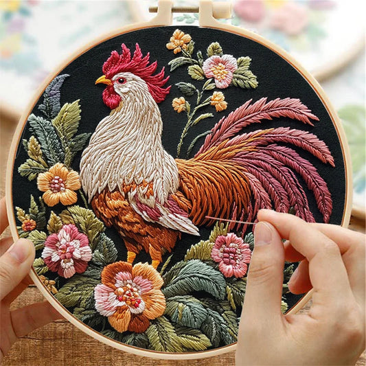 Borduurpakket rond haan met bloemen patroon voor beginners