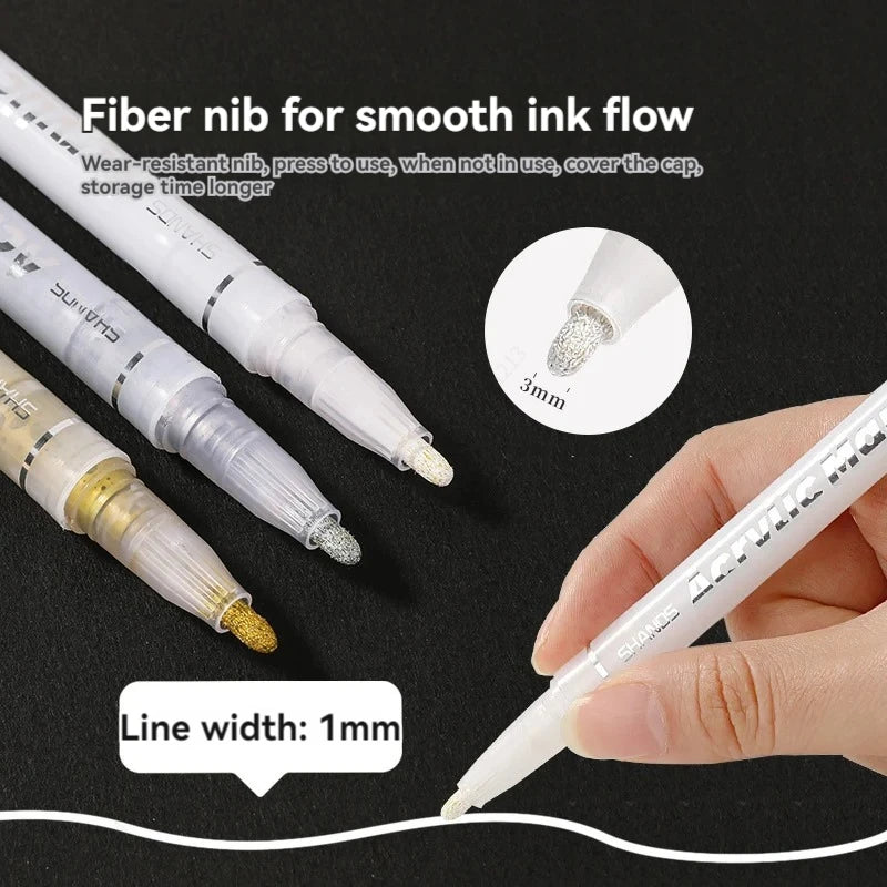 Stiften set acrylmarkers goud zilver en wit met watervaste inkt