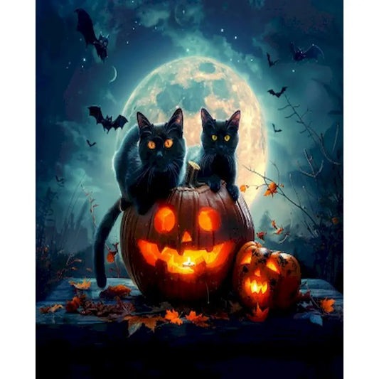 Schilderen op nummer Halloween Kat met Pompoen op Canvas in Frame (optioneel) - 9961732
