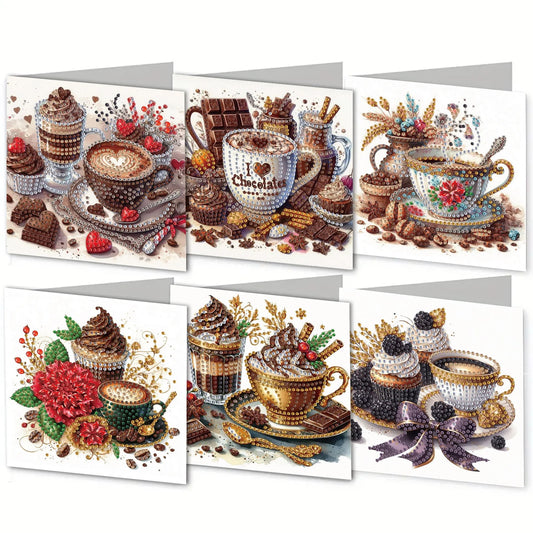 Diamond Painting Wenskaarten Set - Koffie Thema, Zegeningen en Wensen (6 Stuks)