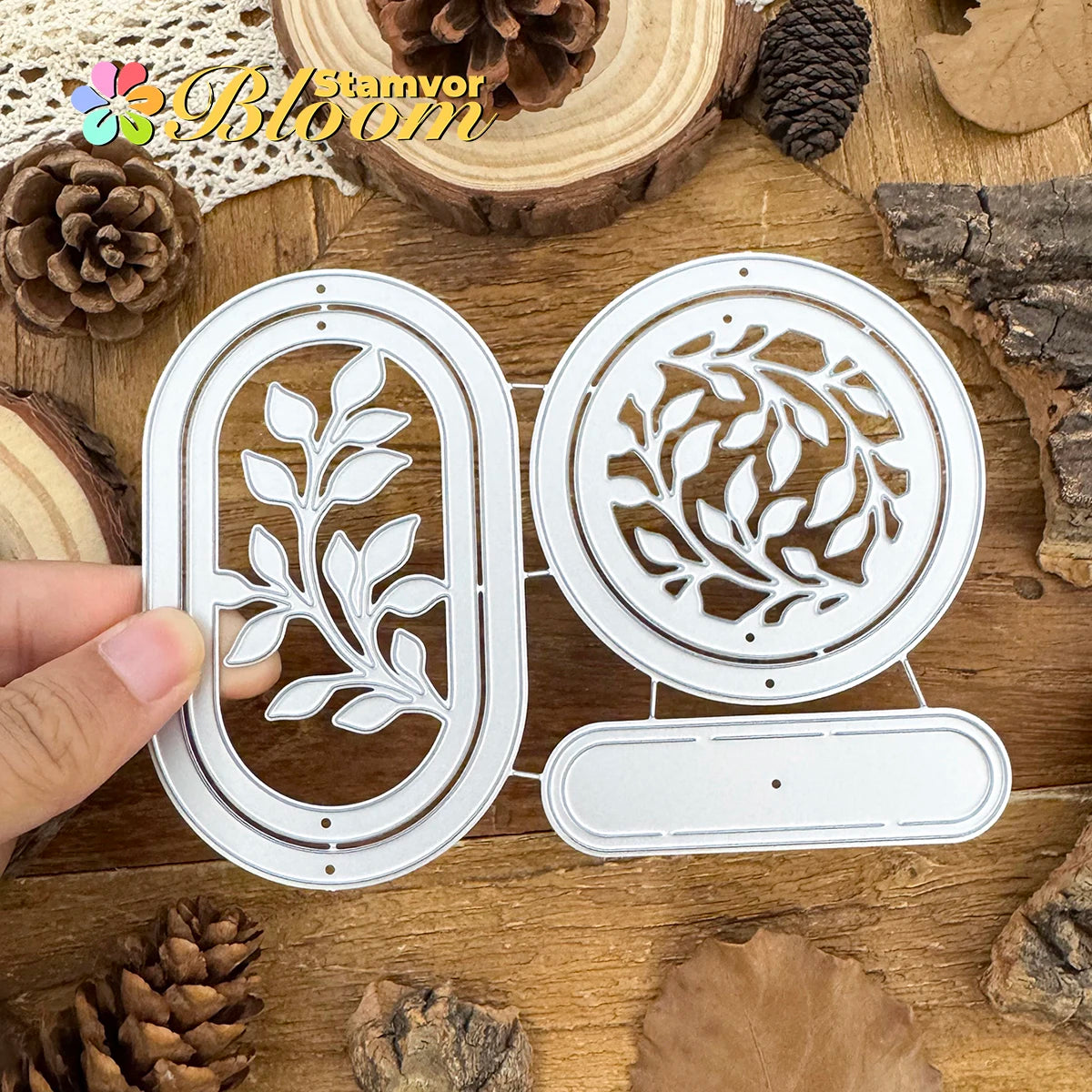 Metalen snijmal bladeren takken cirkels frames labels decoratief