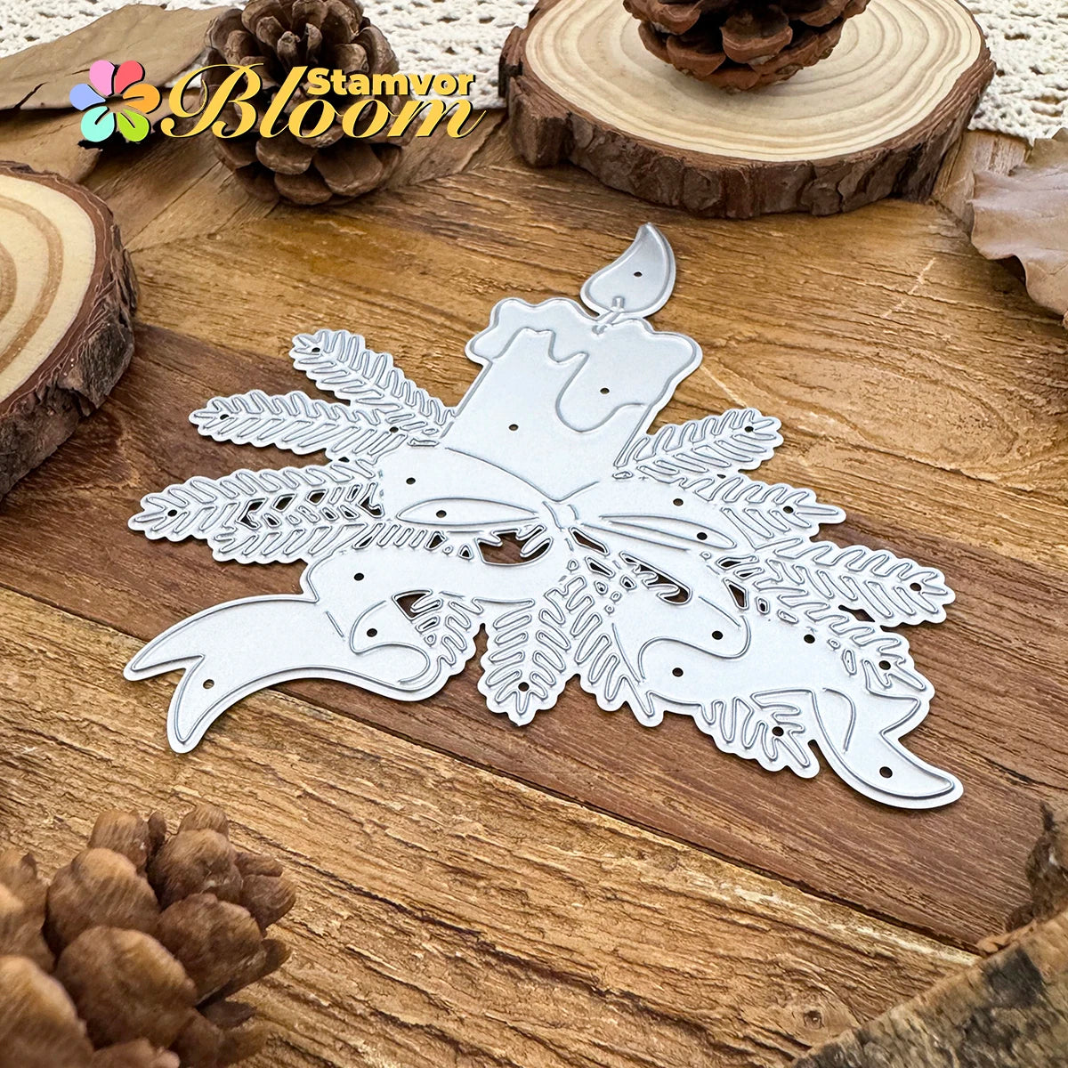 Snijmal Kerst kaars met dennetakken en strikken voor kaarten maken