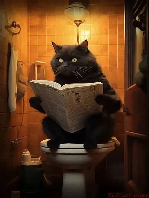 AB Diamond Painting met Fairy dust steentjes Kat op Toilet Krant