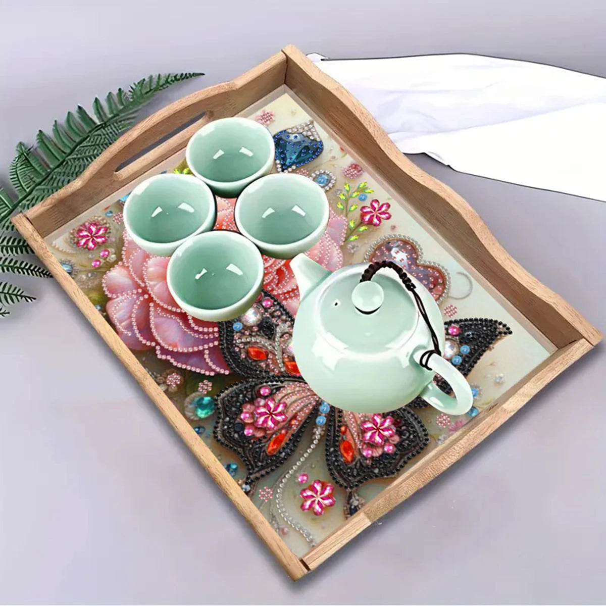 Diamond Painting Dienblad Bloem met Vlinder – Luxe Houten Tray voor Creatief Gebruik