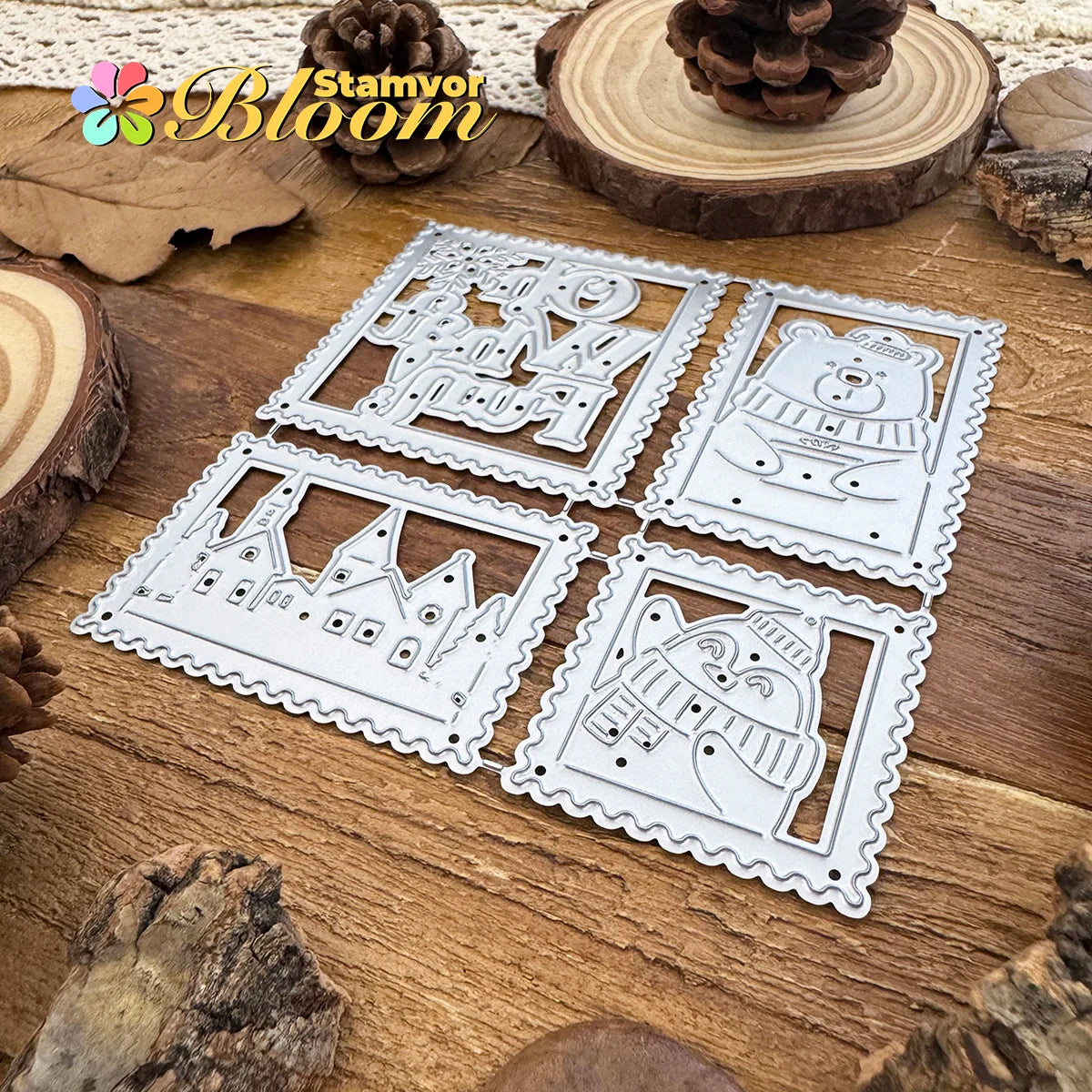 Snijmal kerstbeer en pinguïn dorp met postzegel en frame motieven