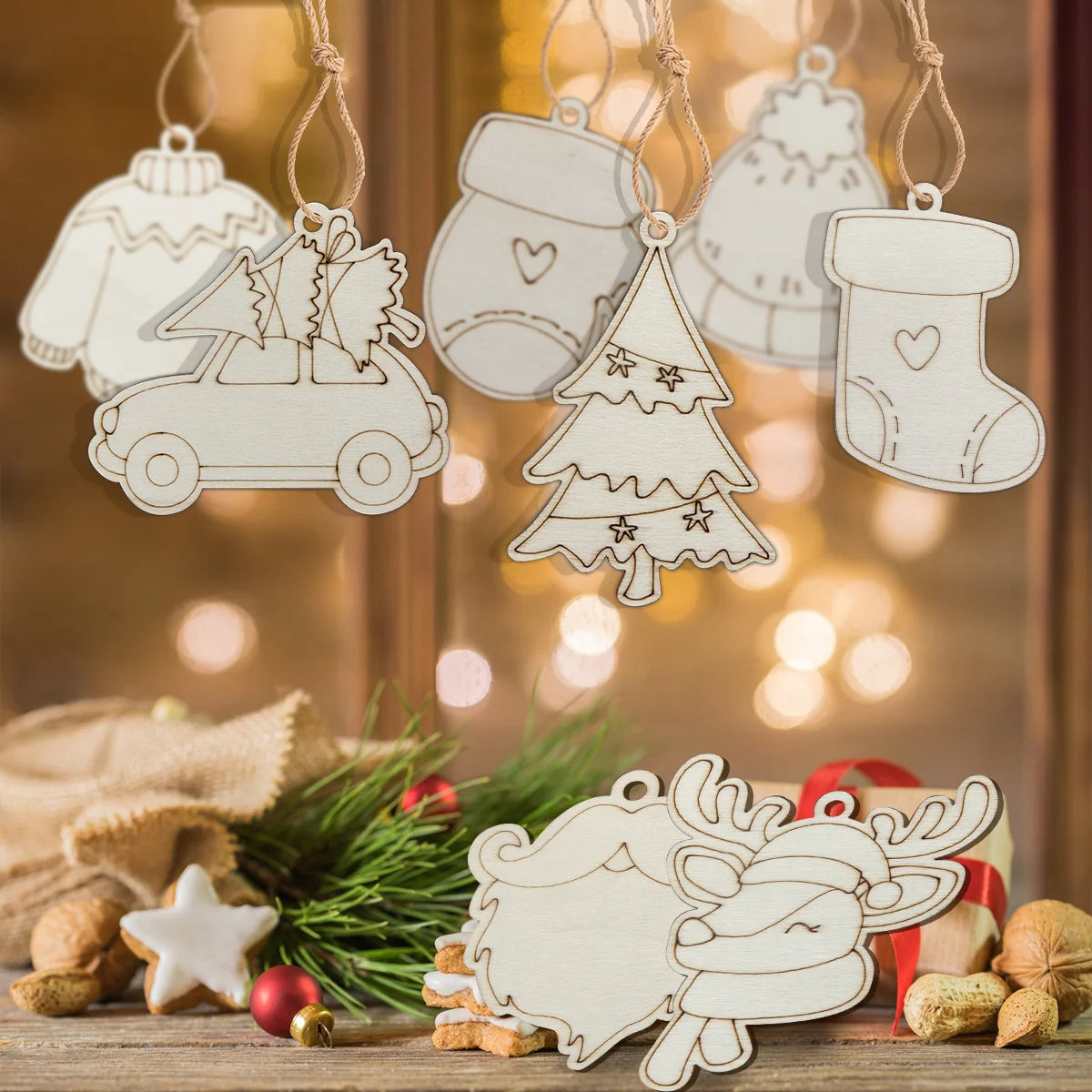 Houten figuur om zelf te schilderen/kleuren – 8 stuks kerst herten, auto’s en mutsen hangornamenten