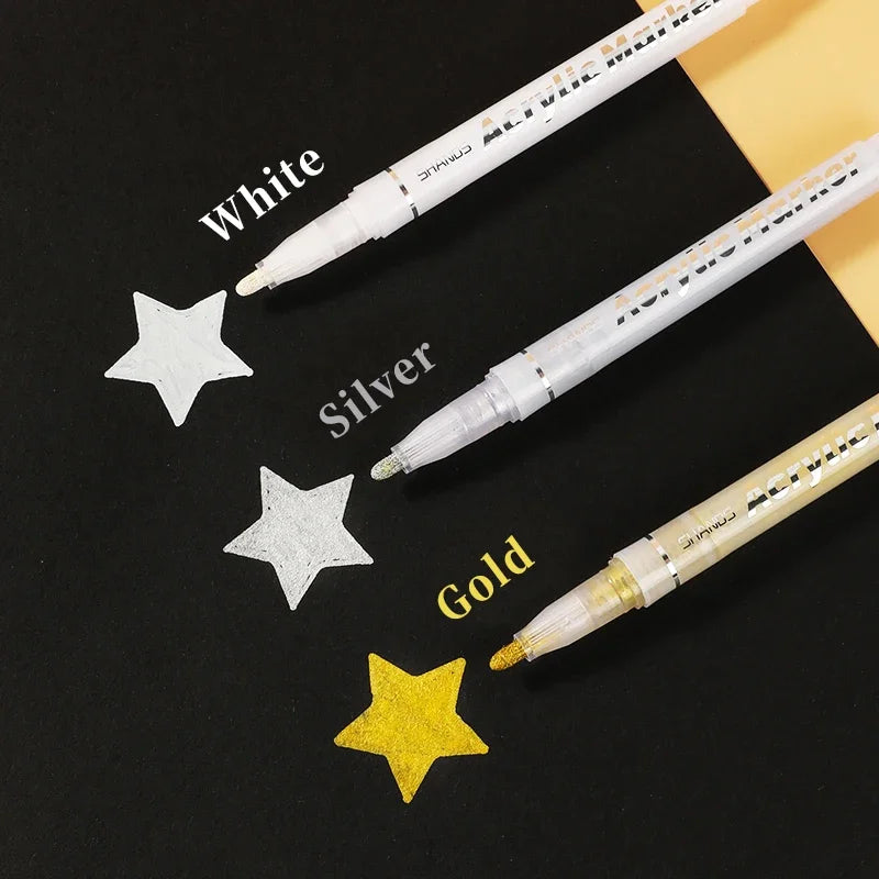 Stiften set acrylmarkers goud zilver en wit met watervaste inkt