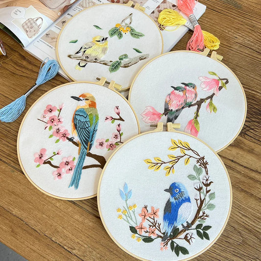 Borduurpakket rond - Bloemen en vogels starterset kruissteek voor beginners