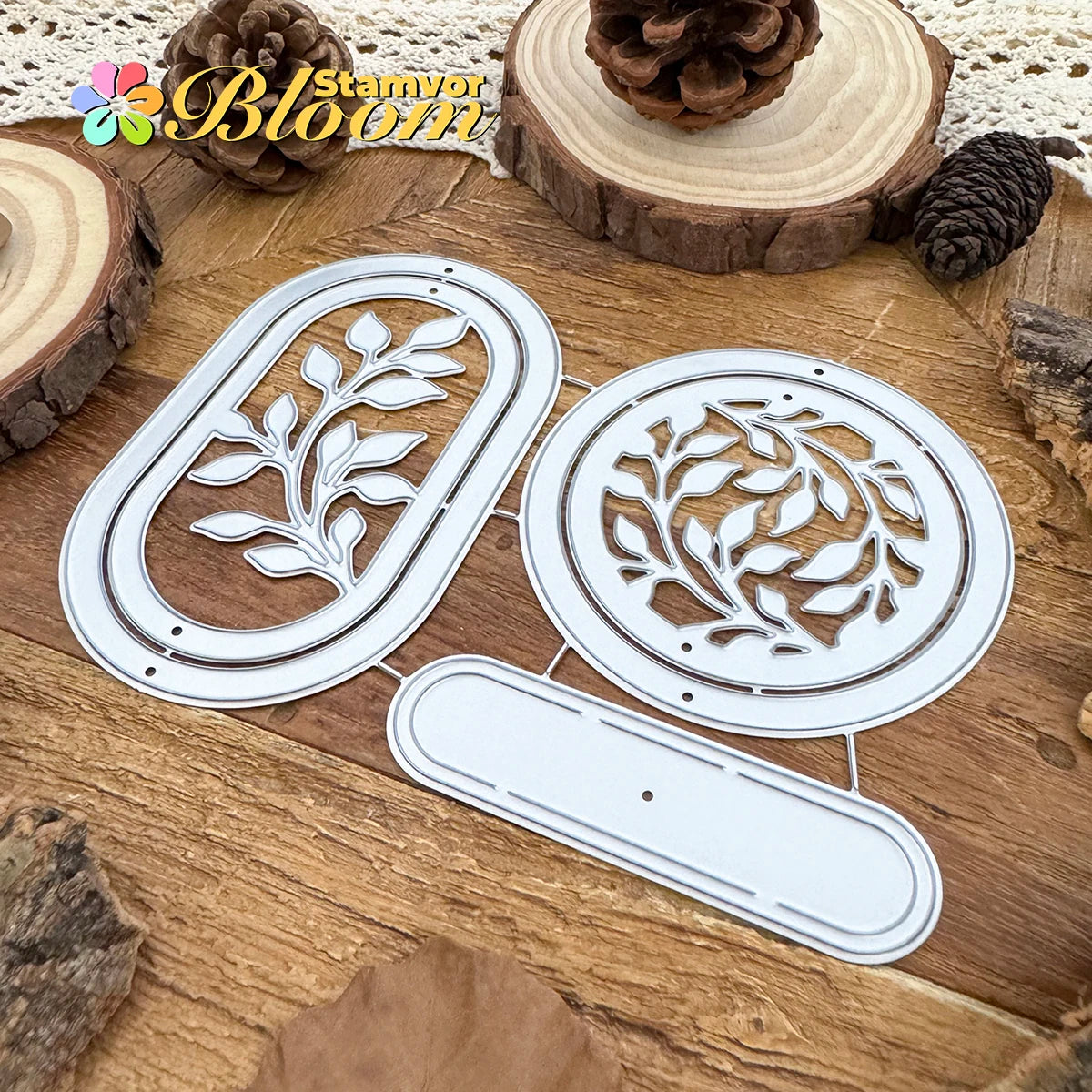 Metalen snijmal bladeren takken cirkels frames labels decoratief