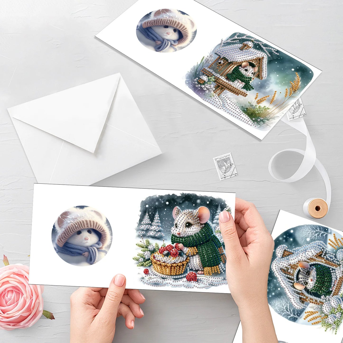 Diamond Painting Kerstkaarten set met muis en feestelijke ontwerpen