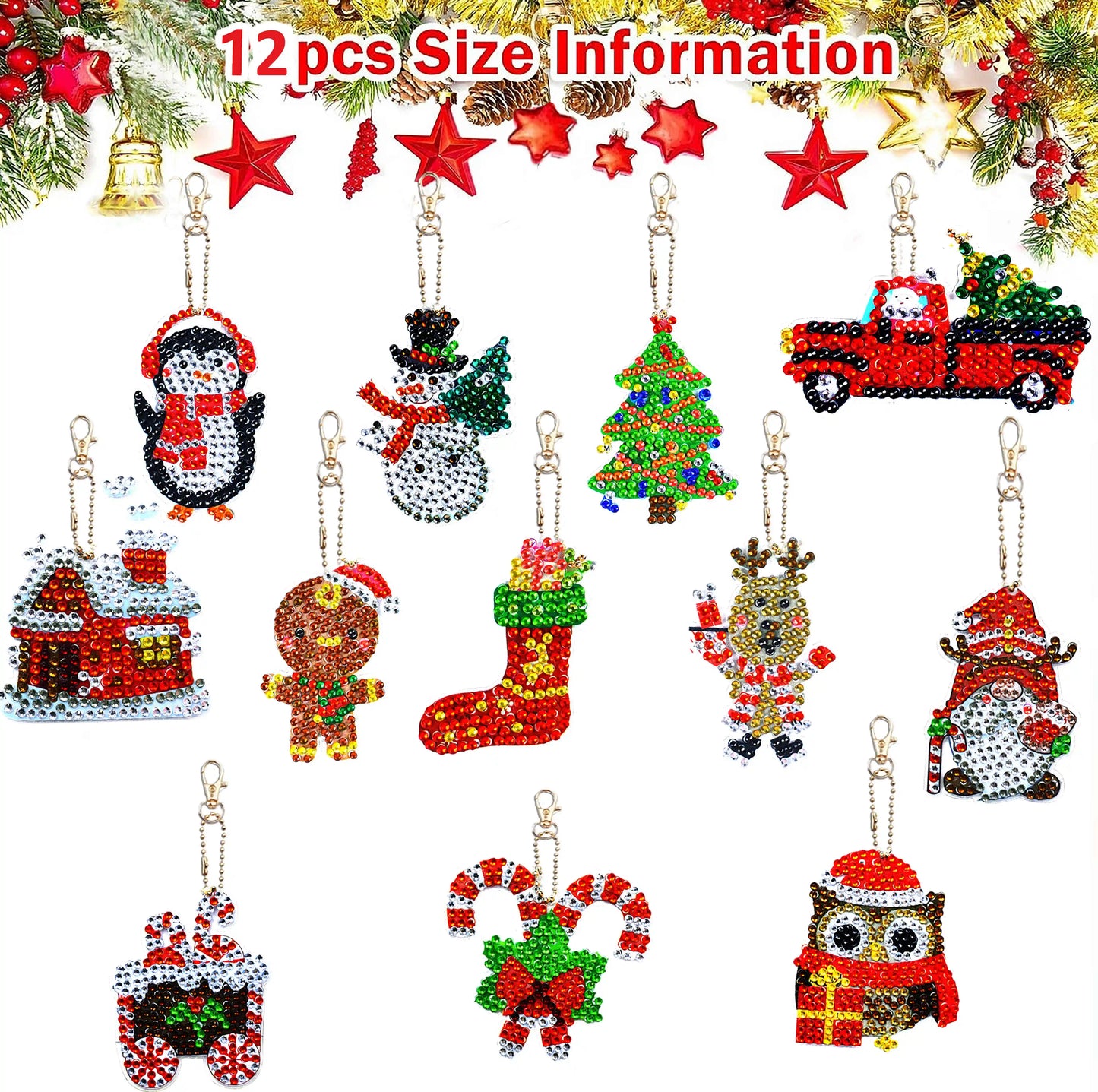 Diamond Painting Kerst Sleutelhanger set 12 stuks Dubbelzijdig - YSK161