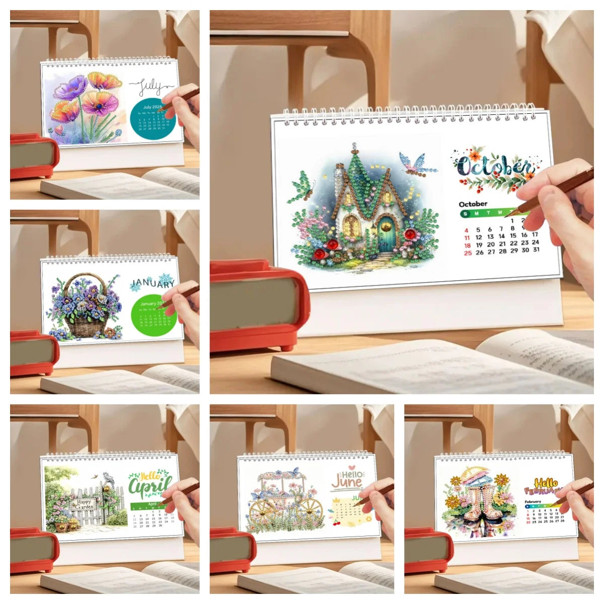 Diamond Painting Kalender met Bloementhema – Handgemaakte Bureaukalender met 13 Pagina’s