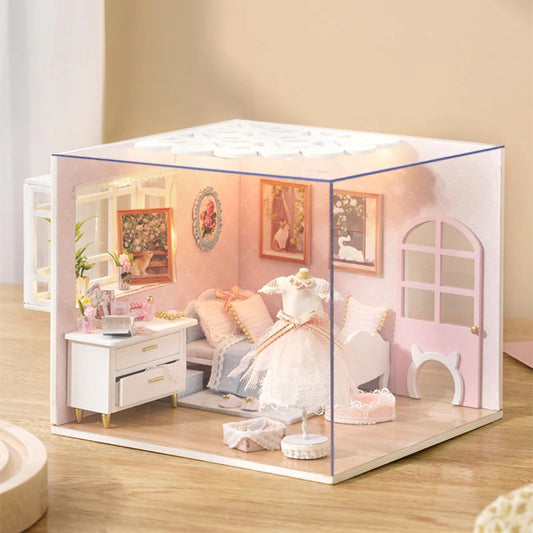 Zelfbouw Miniatuurhuisje met Meubels en Verlichting – H024 met stofkap
