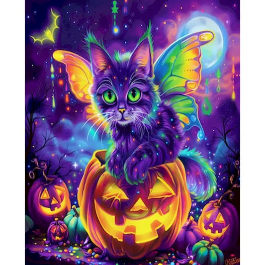 Schilderen op nummer Halloween Kat met Pompoen op Canvas in Frame (optioneel) - 9961709